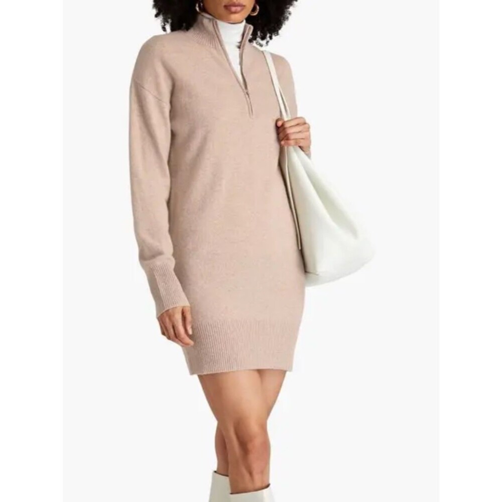 Naadam Cashmere Mini Dress Quarter Zip Mock Neck Oatmeal Size S